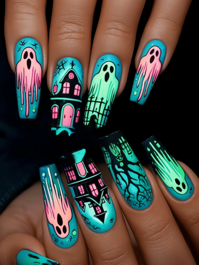 24 Pieces Halloween, Ghost Castle Forest, Fake Nails Press On Nails Fake Nails Nail Supplies Y2k Nails Cute Nails