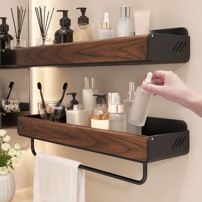 XIANG YU Solid Walnut Wood Bathroom Wall Shelf Wall Mounted Storage Rack No Drill Floating Shelf Organizer For Sink Countertop Toiletries And Home Essentials