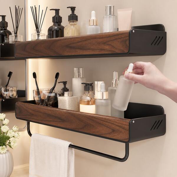 XIANG YU Solid Walnut Wood Bathroom Wall-Mounted Floating Shelf, No-Drill Storage Rack For Sink Countertop, Toiletries And Home Essentials