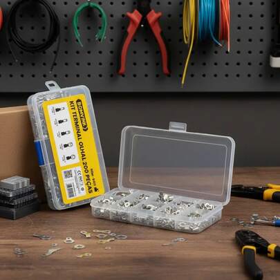 Kit Terminal Olhal 200 Peças Pré-Isolado PVC Anti-chamas Cobre Estanhado com Estojo Organizador