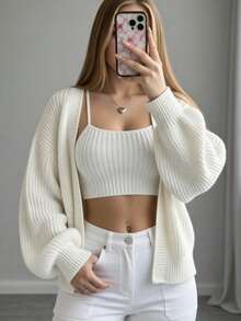Women's White Open-Front Knit Cardigan Sweater, Puff Sleeve Loose Fit, Casual Elegant Solid Color Basic Cardigan Jacket, Suitable For Early Autumn Commute - Apricot - View 1