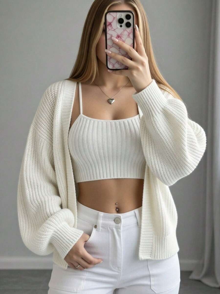 Women's White Open-Front Knit Cardigan Sweater, Puff Sleeve Loose Fit, Casual Elegant Solid Color Basic Cardigan Jacket, Suitable For Early Autumn Commute - Apricot - View 1