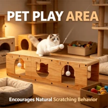 Cat Scratcher Tunnel House, Detachable Multi-Hole Cardboard Cat Box With Hanging Ball, Large Multi-Cat Interactive Rest Box - Khaki - View 2