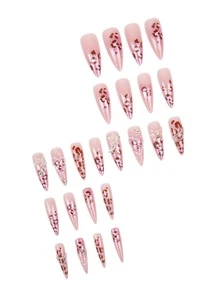 24pcs Y2K Style Long Pointed Press-On Nail Set, Sweet Pink Glitter Gradient Fake Nails, Vintage Coffee Leopard Print Design, Decorated With Silver Metal Star Charms, Chains, Elegant Pearls And Sparkling Rhinestones, Reusable, Suitable For Halloween Party - Pink - View 4
