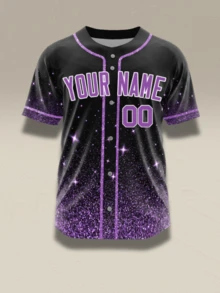 Custom Purple Glitter Baseball Jersey Personalized Name Number Black Sparkle Starry Gameday Shirt Shiny Stripe Button Up Uniform - Black - View 3