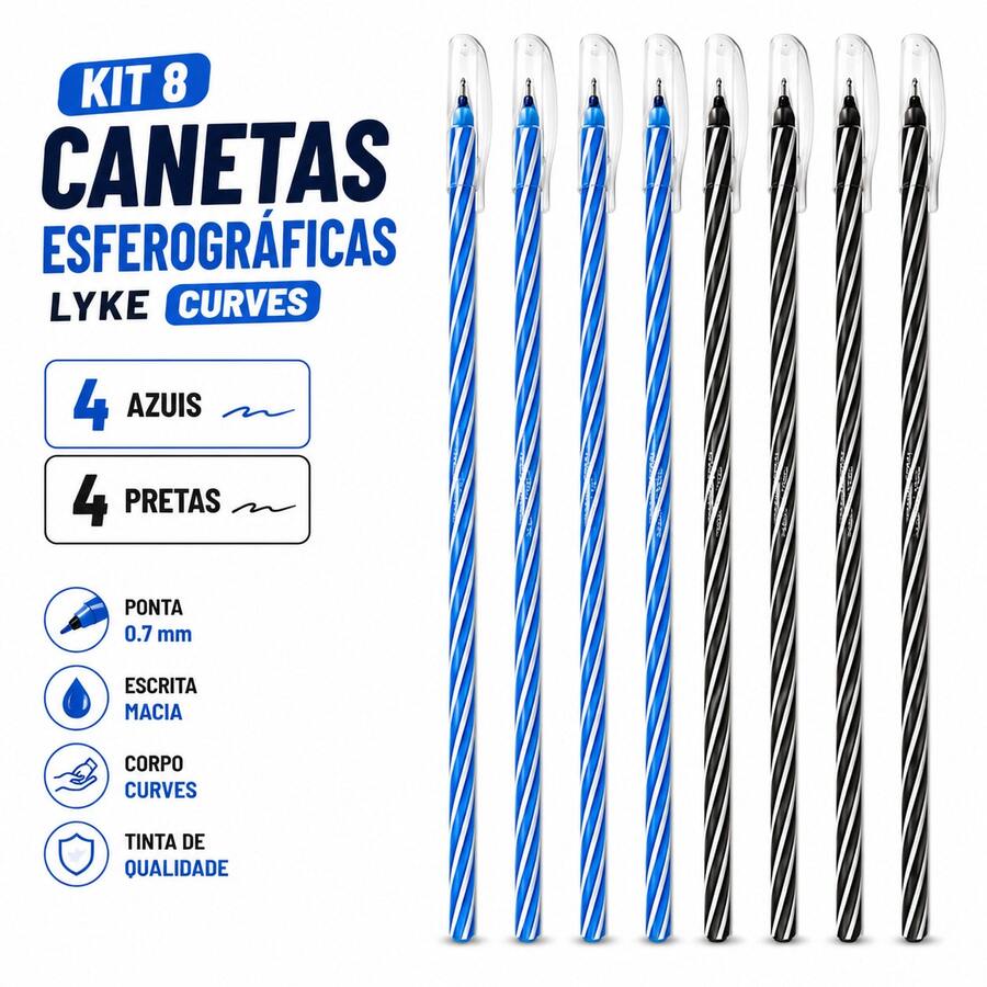 Kit 8 Canetas Esferográficas Lyke Curves 0.7 mm | 4 Pretas + 4 Azuis Spiro Pirulito Wow Escrita Macia Papelaria Escolar Escritório