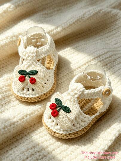 1 Pair Crochet Infant Sandals, Cherry Embroidery, White And Beige, Infant Girl Shoes