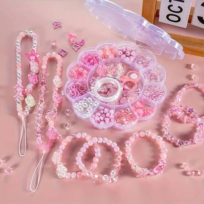 13-Compartment Pink Plum Blossom Bead Box, Includes Star, Heart, Middle Beads, ABS Pearls, Heart-Shaped Beads And More, DIY Jewelry Making Accessories Materials, Create Fashion Gifts For Family And Friends