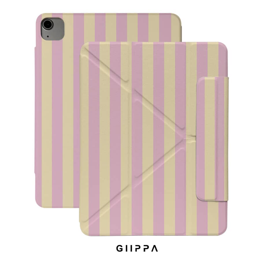 GIIPPA Light Pink & Light Yellow Vertical Striped Print Protective Case, Magnetic Detachable Y-Fold Shockproof Cover With Pen Slot, Compatible With IPad Mini 6/7, Air 2/3/4/5/11/13, Pro 10.5/11/12.9, Perfect For Valentine's Day, Back To School, Office, Christmas, Halloween, Thanksgiving Holidays, Best Gift For Girlfriend, Ideal Wedding Season Gift, Soft Macaron Color Striped Minimalist Campus Office