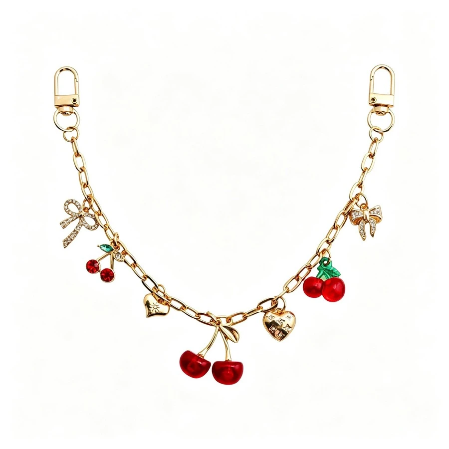 Y2K Coquette Cherry Bow Heart Jean Pants Chain Gold Tone Rhinestone Bow Red Cherry Charm Waist Chain Sweet Girl Decor Bag Charm Accessory For Women