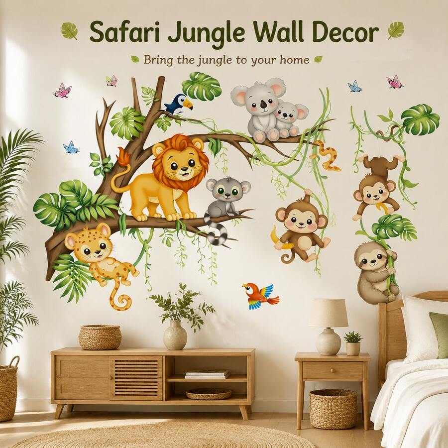 Safari叢林動物牆貼,卡通動物貼紙附樹葉,熱帶主題牆面藝術,可移除撕貼式牆面裝飾 - 叢林動物牆貼 - 查看 1