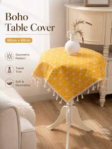 Bubaba Yellow Geometric Pattern Tablecloth With Tassel Decoration - Cotton Polyester Blend Bohemian Style Tablecloth, Suitable For Kitchen, Dining Room And Home Decor - Yellow - View 11