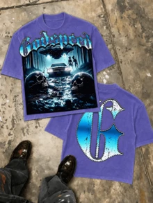 UFO Alien Double-Sided Graphic Tee, Oversized Men Cotton Crew Neck Streetwear Fathers Day Casual Top - 藍色1 - 查看 10