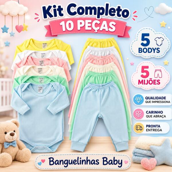 Kit C/10 - Body Manga Longa + Calça De Bebe Liso Menino e Menina