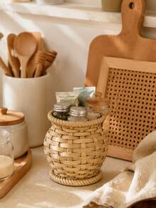 1pc Boho Woven Basket Style Kitchen Utensil Crock, Countertop Flatware Organizer And Cooking Tool Holder, Spoon Chopstick Whisk Spatula Storage Container, Natural Rustic Cottagecore Home Kitchen Decor - Multicolor - View 8