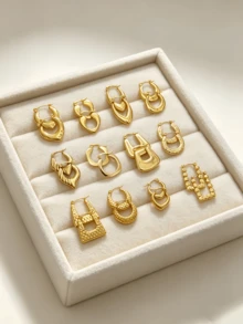 12/9/6 Pairs 18K Gold Plated Double-Sided Round Earrings Set, 304 Stainless Steel Earrings, Nickel-Free, Lightweight And Hypoallergenic, Thick Gold Plated Earrings Set, Includes Square, Heart And Curved Geometric Earrings, Unique Textured Design, Suitable For Daily Wear And Teams - Gold Suit - View 10