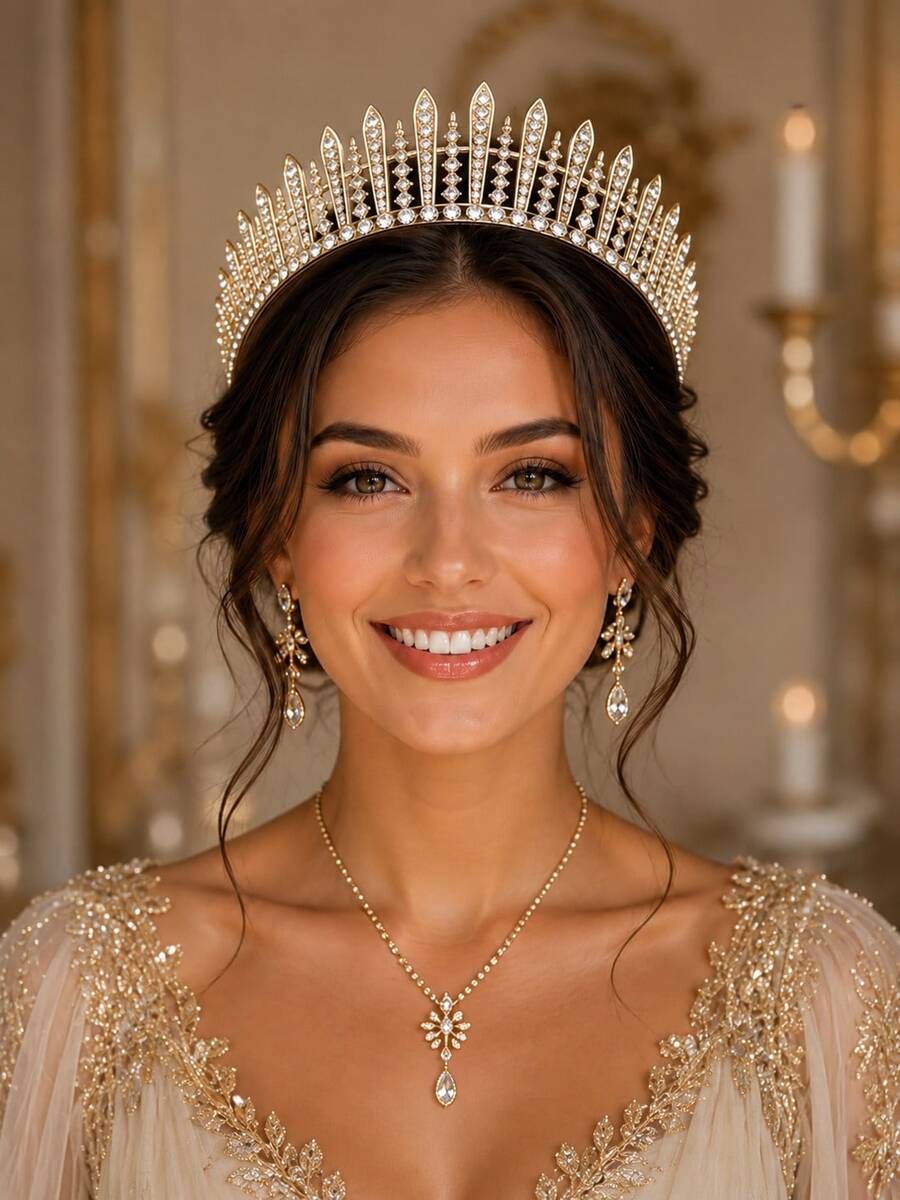 1pc Vintage Geometric Pointed Crystal Crown, Full Rhinestone Sunburst Tiara, Wedding Royal Queen Headpiece - Multicolor - View 1