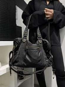 Dedoo 黑色水洗人造皮革復古托特包，編織鉚釘前拉鍊口袋，可調節手柄，適合日常外出與購物 - 黑色 - 查看 7