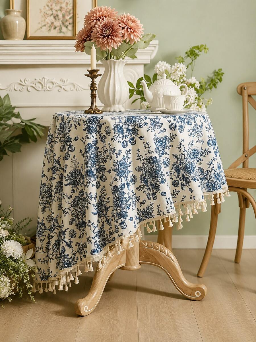 MeijiaMo 1pc Floral Pattern Rectangular Tablecloth, Polyester Bohemian Minimalist Solid Color Decoration Mat For Kitchen, Dining, Party, Holiday, Wedding, Cafe, Round Tables, Applicable For All Seasons