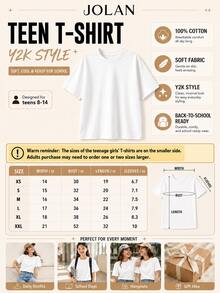 Teen Girl Clothes, With Black Flower Pattern, Short Sleeved T - Shirt, Floral Printed, Round Neck, Breathable Fabric, Y2k Style - 白色 - 查看 2