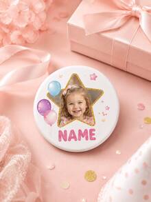 1 pieza Insignia redonda personalizada con foto y nombre, broche de botón con marco de estrella personalizado y diseño de globo pastel, alfiler de metal ligero para niños, cumpleaños - Multicolor - Ver 3