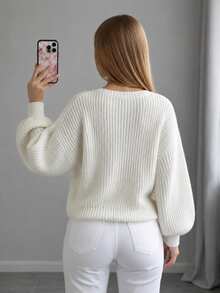 Women's White Open-Front Knit Cardigan Sweater, Puff Sleeve Loose Fit, Casual Elegant Solid Color Basic Cardigan Jacket, Suitable For Early Autumn Commute - Apricot - View 4