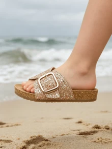 1 Pair Fashionable New Girls' Champagne Gold Glitter Single Strap Soft Sole Sandals, Adjustable Metal Buckle Slides, Summer Non-Slip Soft Sole Princess Slippers, Suitable For 3-16 Years Old Medium To Large Children Birthday Party, Beach Vacation, Beach Play, Versatile Outdoor Wear Sweet Style Casual Beach Shoes - Gold - View 9