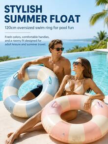 Oversized Striped Inflatable Swim Ring With Dual Handles, Pastel Pink/Blue Adult Pool Float For Beach, Pool Party & Summer Vacation - Multicolor - View 6