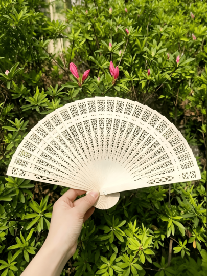 1pc Hollow Pure Wood Chinese Folding Fan, Handmade Wooden Folding Fan, Carved Floral Design, Best Gift For Birthday, Graduation, Bridal Party, Home Decor, Holiday Essential, Summer Hand Fan