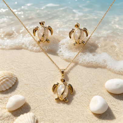 Bohemian Style Turtle Jewelry Set, Gold Stainless Steel With Colorful Enamel, Ocean Theme Accessories
