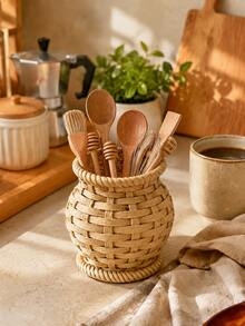 1pc Boho Woven Basket Style Kitchen Utensil Crock, Countertop Flatware Organizer And Cooking Tool Holder, Spoon Chopstick Whisk Spatula Storage Container, Natural Rustic Cottagecore Home Kitchen Decor - Multicolor - View 3