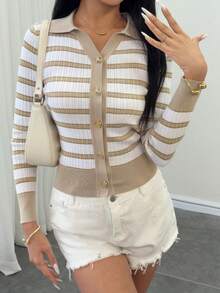 Casual Minimalist Plaid Front Button-Down Cardigan For Women Fall - Khaki - View 2