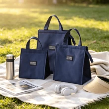 Durable Thickened Canvas Lunch Tote Bag, Insulated Waterproof Large Capacity, Easy To Clean Reusable, Lightweight Wrinkle-Resistant Quick-Dry Breathable Odor-Resistant, Suitable For Office Work, School, Daily Commute, Picnic, Camping, Travel, Beach Vacation, Gift Style - Navy Blue - View 3