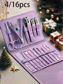 4/16Pcs Manicure Grooming Set, Stainless Steel Nail Care Kit With Storage Pouch, Portable Personal Hand & Foot Beauty Tools For Travel & Gift - Multicolor - View 1