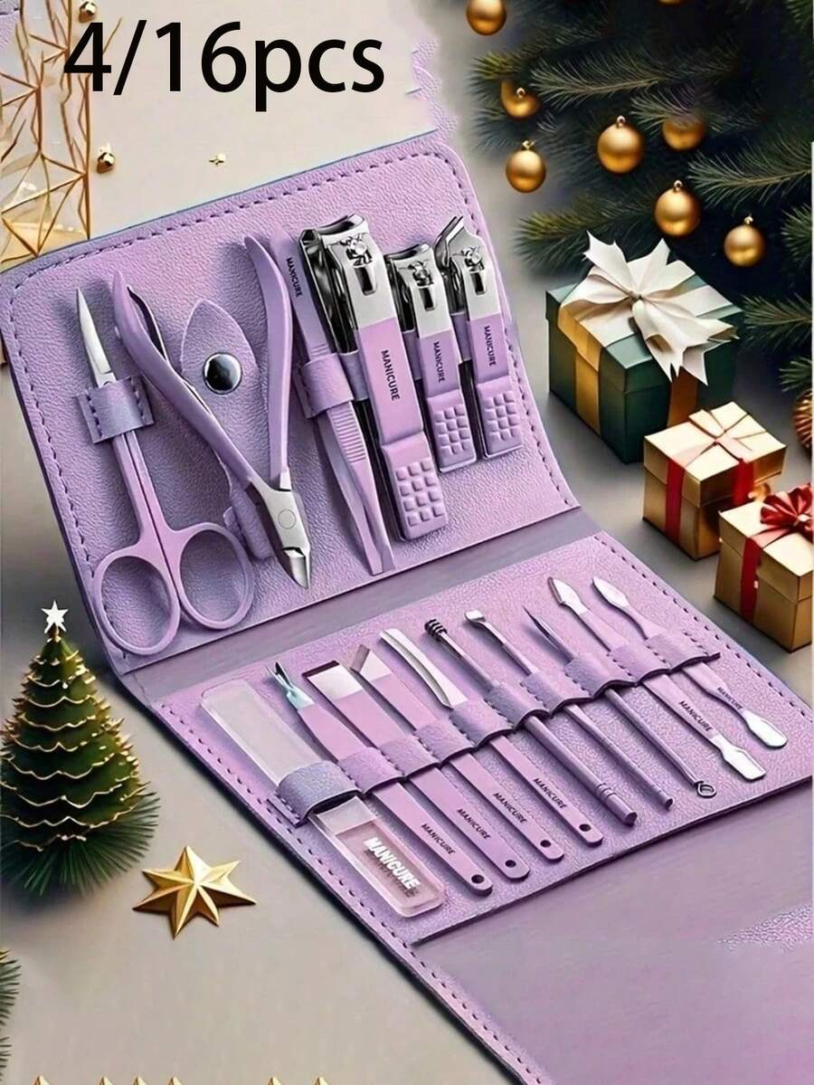 4/16Pcs Manicure Grooming Set, Stainless Steel Nail Care Kit With Storage Pouch, Portable Personal Hand & Foot Beauty Tools For Travel & Gift - Multicolor - View 1