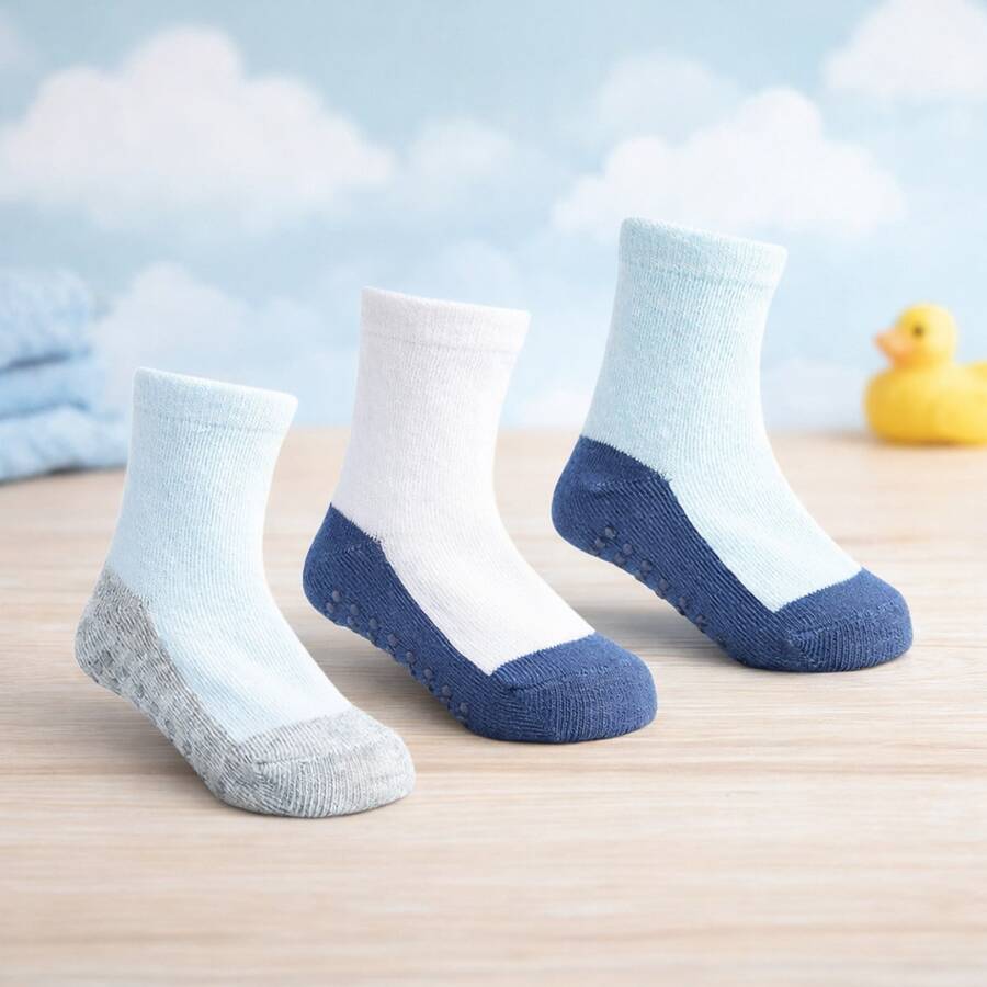 Meia Pimpolho Antiderrapante Para Bebê Tamanho 16-20, Kit com 3 Pares de Meias Infantis Lisa Base Escura, Algodão e Elastano, Antiderrapante, Casual, 06 a 12 Meses - Azul - Visão 1