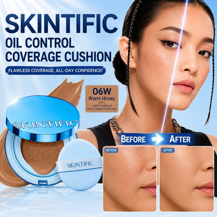 SKINTIFIC 絲絨霧面氣墊粉底液 藍色，全遮瑕，12小時控油，適合油性與混合性肌膚，防水，長效，輕盈，保濕，不沾染 | 06W 暖蜂蜜