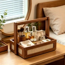 1PC Double Layer Woven Rattan Desktop Storage Rack, Storage Basket, Handheld Makeup Skincare Lipstick Organizer Tray, Home Bedroom Vanity Makeup Table Jewelry Storage Box, Desktop Sundries Aromatherapy Storage Basket, Nordic Minimalist Home Decor Ornament, Jewelry Necklace Ring Jewelry Box, Suitable For Vanity, Desk, Bathroom Countertop, Girls Makeup Supplies Storage Organizer Basket, Christmas Halloween Holiday Gift Multi-Functional Desktop Layered Storage Rack - Multicolor - View 6