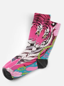 Cool 360° Printed Men's Socks - Street Style Socks, Handsome Alpaca, Sakura Pink Tiger, Floral, Colorful, Fun Socks, Suitable For Daily, Holiday And Party Occasions - Rose Red - View 7