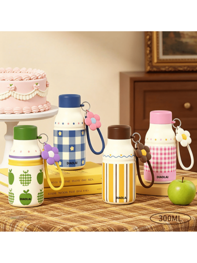 300ml Mini Stainless Steel Insulated Water Bottle, Retro Check Striped Apple Print Thermal Flask, Cute Portable Travel Tumbler With Flower Lanyard, Leakproof Small Vacuum Mug For Outdoor Daily Hot Cold Drinks (Refer To Image 9 For Bulk Reference)