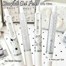 4pcs/Pack Cloud & Star Diary Pens, Black Retractable Neutral Gel Pens, Quick-Dry ST Tip 0.5mm, Student Exam Pens, Office Signature Pens, Back To School - Silver Star Pen - View 3