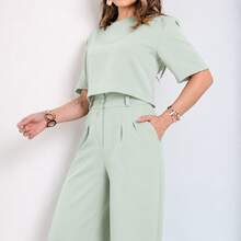 Women's Blouse + Wide-Leg Pants Set - 淡綠色 - 查看 3