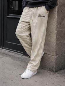 Men's Letter Print Casual Pants, Summer Striped Loose Drape Lazy Wide Leg Long Trousers - Light Grey - View 3