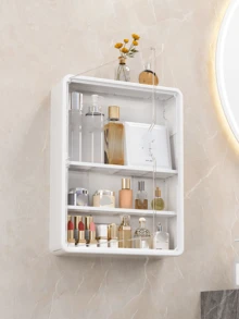 1pc No-Drill Wall Mounted Makeup Organizer With Removable Shelves, Multi-Function Cosmetic Storage Box, Transparent Bathroom Accessories, Unfinished Surface, Space-Saving Display Box; Can Also Be Used As A Mystery Box, Collectible Or Medication Storage Bathroom - White - View 2