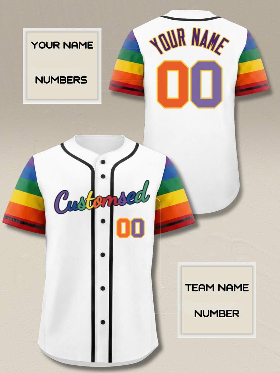 Jersey Baseball Pelangi Kustom dengan Nama dan Nomor yang Dipersonalisasi, Lengan Bergaris Warna-warni, Kancing Putih, Kemeja untuk Hari Pertandingan, Pakaian Olahraga Aktif.