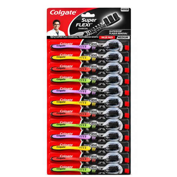 Colgate Super Flexi Charcoal Medium Toothbrush Manual 12 Counts Card Flexible