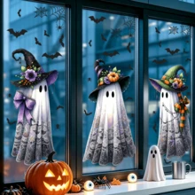 1/3pcs Halloween Ghost Window Clings, Creativity Ghost Wear Witch Hat With Bat Double-Sided Printing Static Stickers, Non-Adhesive Removable Gothic Decor For Home Party Glass Door Decoration - Multicolor - View 10