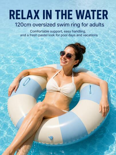 Oversized Striped Inflatable Swim Ring With Dual Handles, Pastel Pink/Blue Adult Pool Float For Beach, Pool Party & Summer Vacation