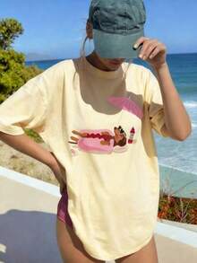 Women's Summer Beige Dachshund Print Tee, 100% Cotton Loose Crew Neck Short Sleeve T-Shirt For Casual Daily, Vacation & Spring Outfits - 黃色 - 查看 1