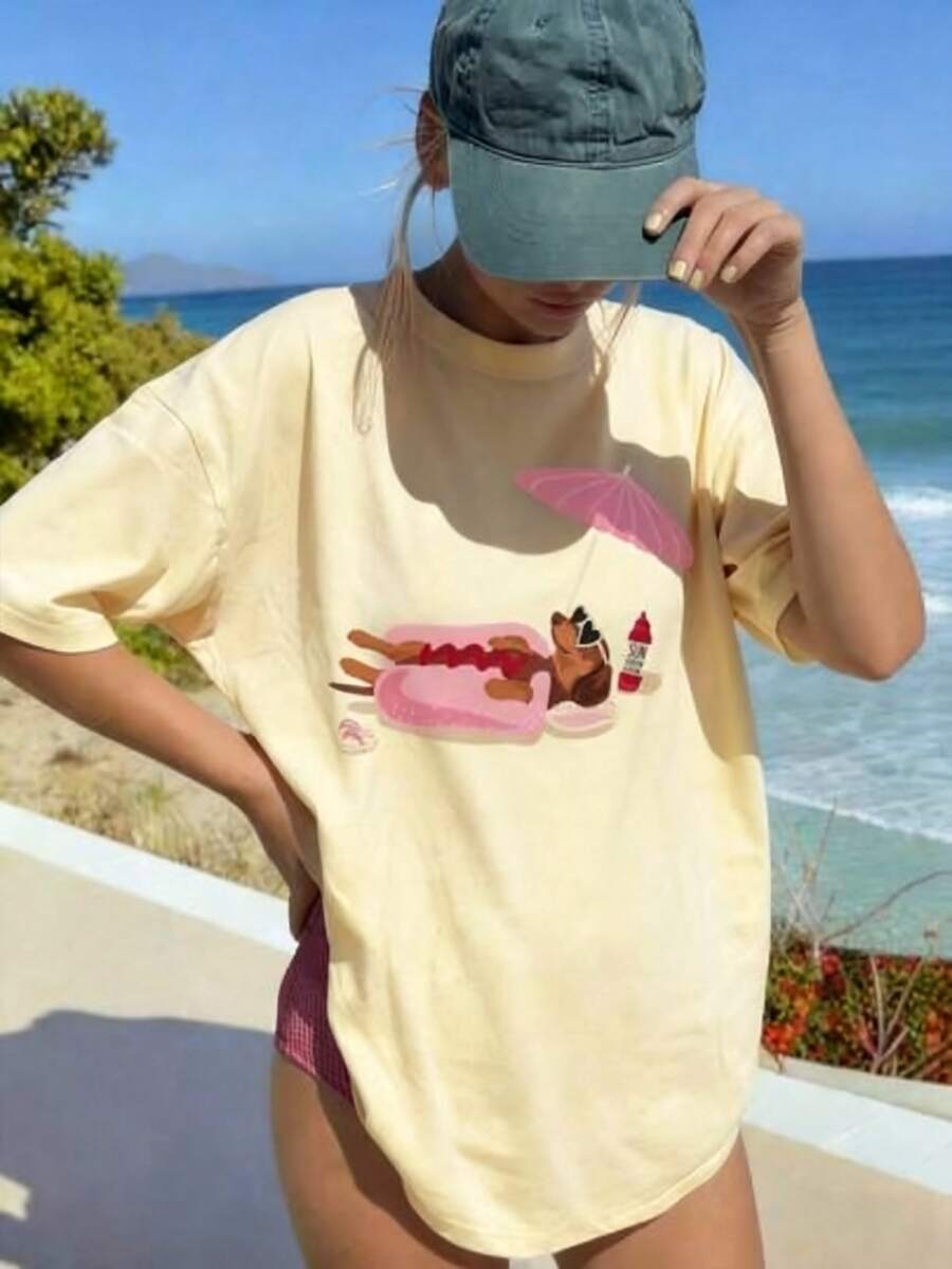 Women's Summer Beige Dachshund Print Tee, 100% Cotton Loose Crew Neck Short Sleeve T-Shirt For Casual Daily, Vacation & Spring Outfits - 黃色 - 查看 1
